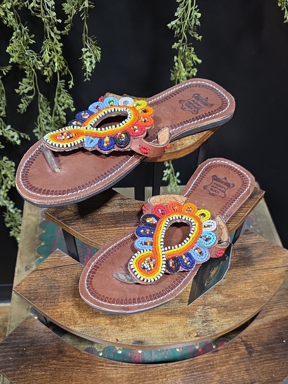 Brown Leather Beaded Thong Sandals with Multicolor Embellishment